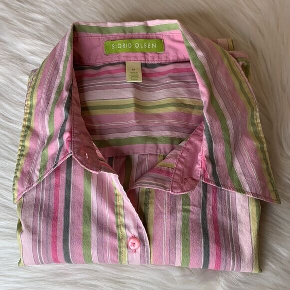 Sigrid Olsen Pink & Green Stripe Button Up Shirt Size Medium - Picture 9 of 9